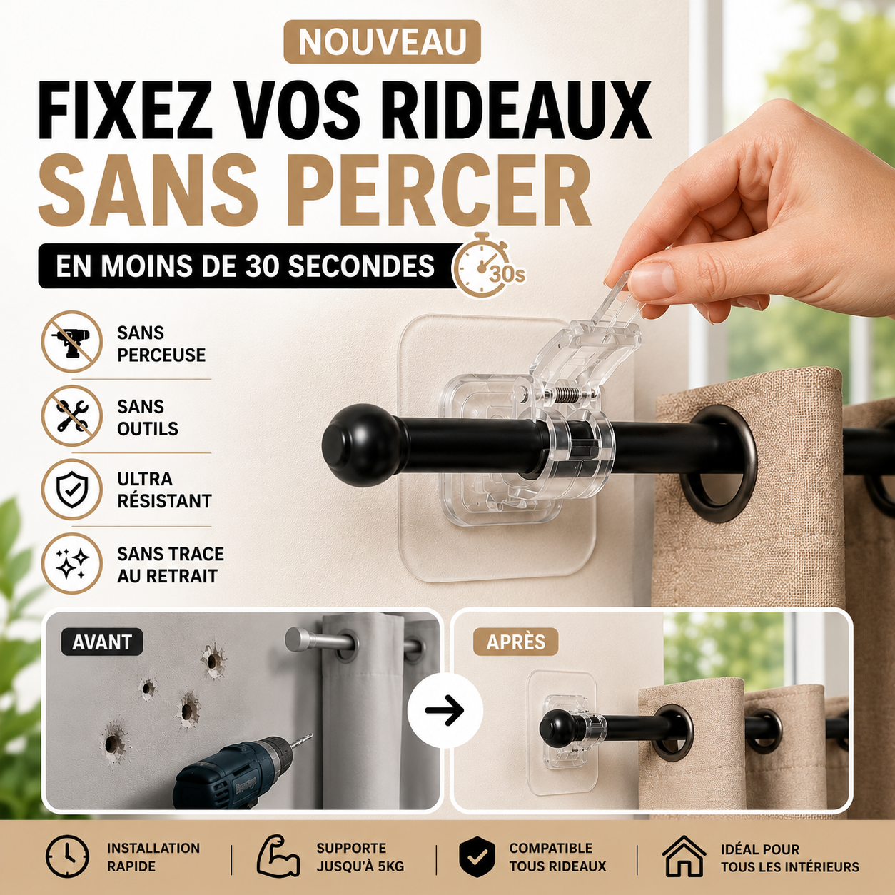 MagicFix™ – Fixez vos rideaux sans percer